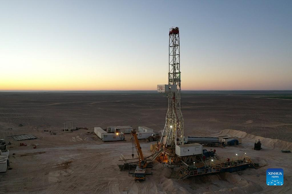 Aerial photo shows a well drilling platform of the Chinese firm Zhongman Petroleum and Gas Group (ZPEC) at a beet plantation in a desert of Minya Province, Egypt on Feb. 2, 2021. (ZPEC/Handout via Xinhua)